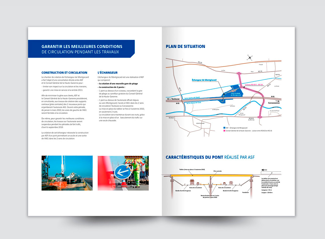 plaquette lettre newsletter information mise en page maquette design graphisme graphiste schéma plan infographie travaux autoroute témoignage pont ouvrage d'art échangeur pierre lepec bordeaux freelance aménagement Vinci ASF