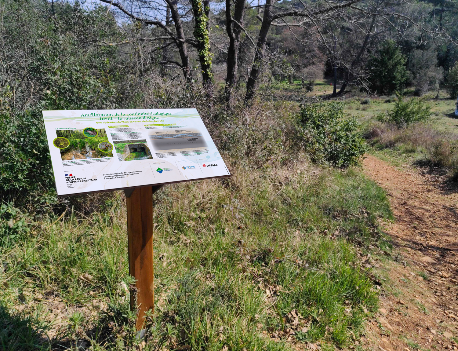 Réalisation conception panneau pédagogique mise en page protection de l'environnement amélioration de la continuité écologique d'un ruisseau Iteuil le ruisseau d'Aigne biodiversité Faune flore Franchissement aménagement cours d'eau RN10