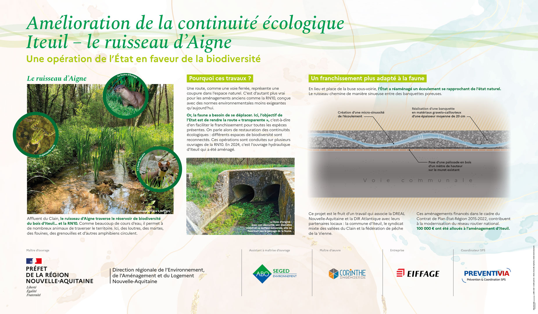 Réalisation conception panneau pédagogique mise en page protection de l'environnement amélioration de la continuité écologique d'un ruisseau Iteuil le ruisseau d'Aigne biodiversité Faune flore Franchissement aménagement cours d'eau RN10