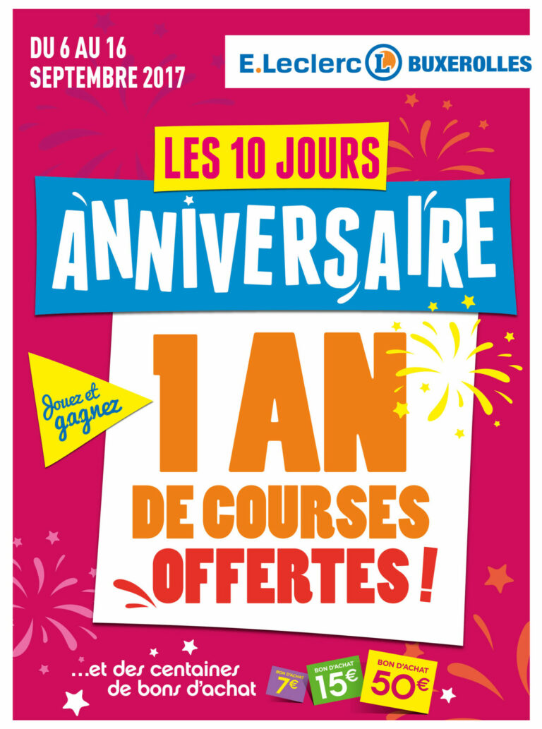 Couverture promotionnelle anniversaire pour Leclerc Buxerolles graphisme animation punch mise en page graphiste à Bordeaux concept graphique conception