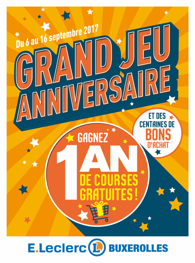 Couverture promotionnelle anniversaire pour Leclerc Buxerolles graphisme animation punch mise en page graphiste à Bordeaux concept graphique conception