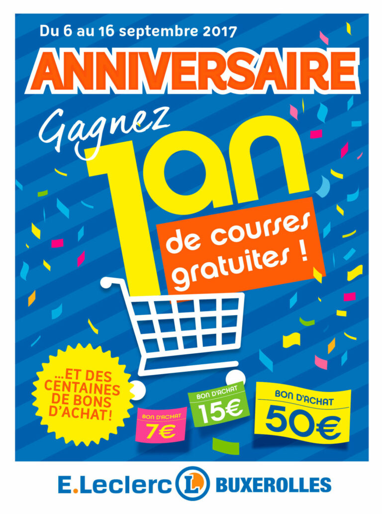 Couverture promotionnelle anniversaire pour Leclerc Buxerolles graphisme animation punch mise en page graphiste à Bordeaux concept graphique conception