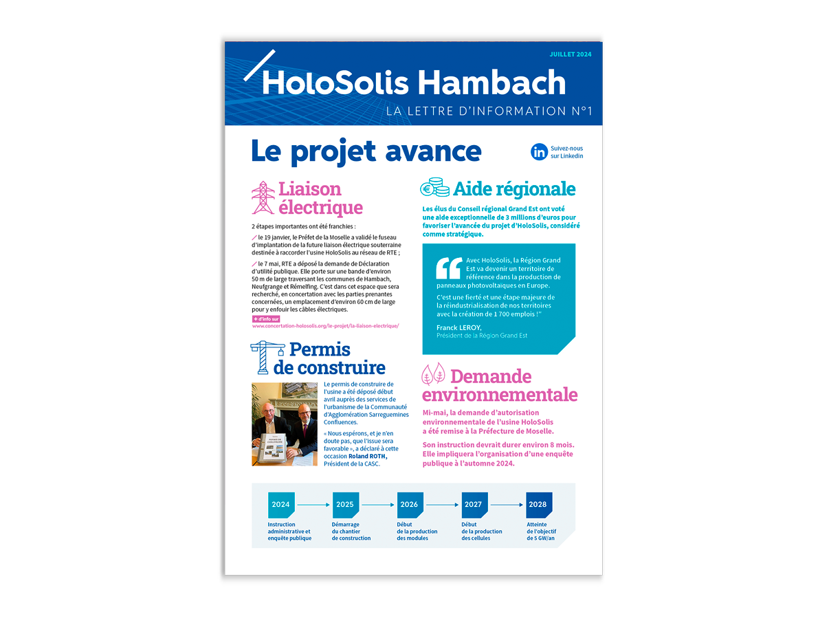 lettre information newsletter mise en page design graphique graphisme graphiste Pierre Lepec Bordeaux communication corporate énergie verte usine panneau photovoltaïque implantation débat publique concertation rencontre holosolis